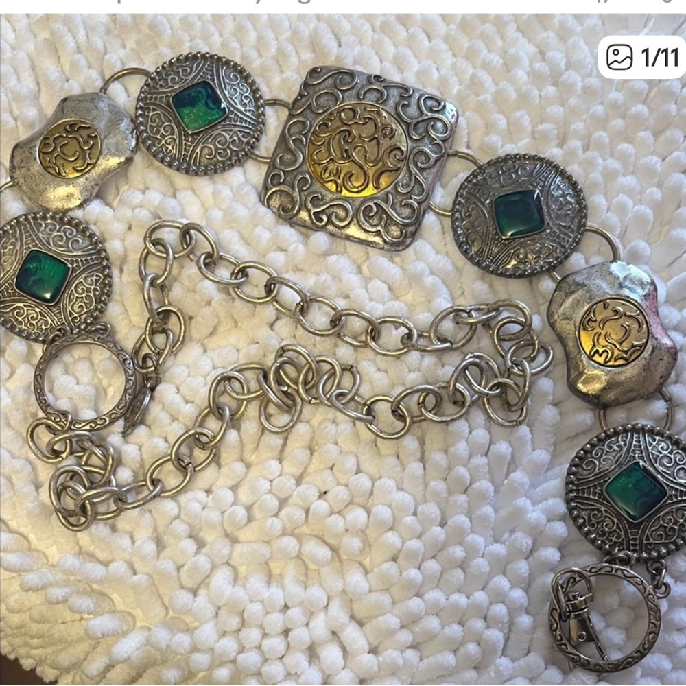 Chico's Silver and Gold Chain Belt with Green Accents